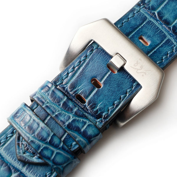 Bracelet Cuir Véritable 24mm Bleu Pour Panerai & Autres Modèles - Surpiqûres Beiges - Neuf