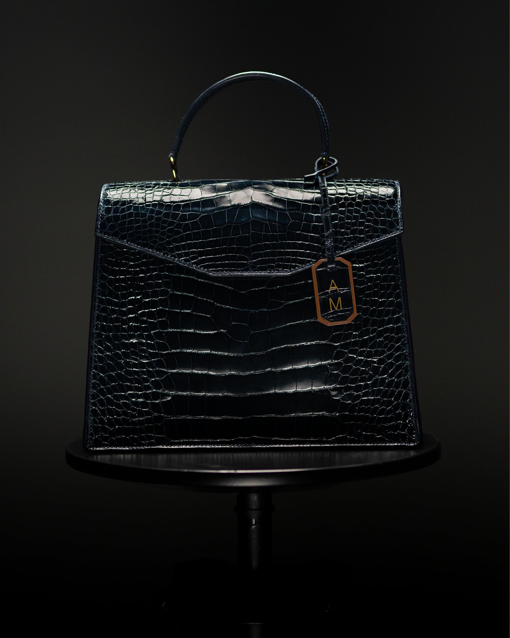 BARWA Mernan Handbag in Black Glazed Alligator on a Black Background