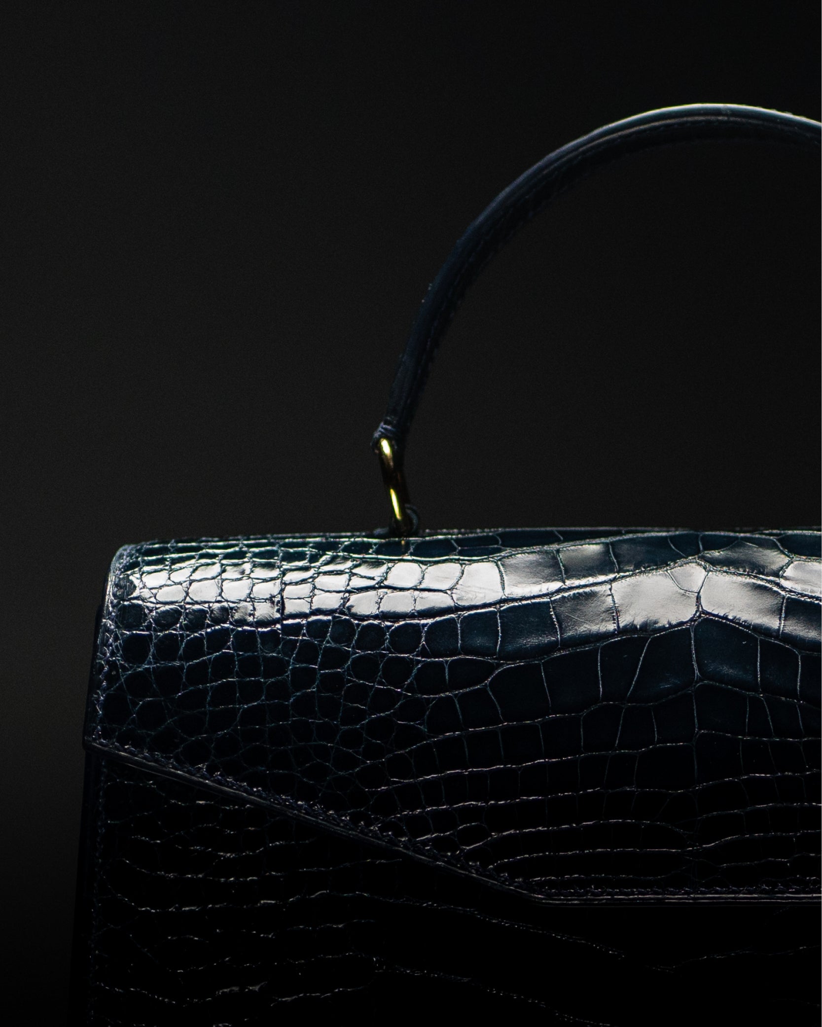Close up detail of BARWA Mernan Handbag in Black Glazed Alligator on a Black Background